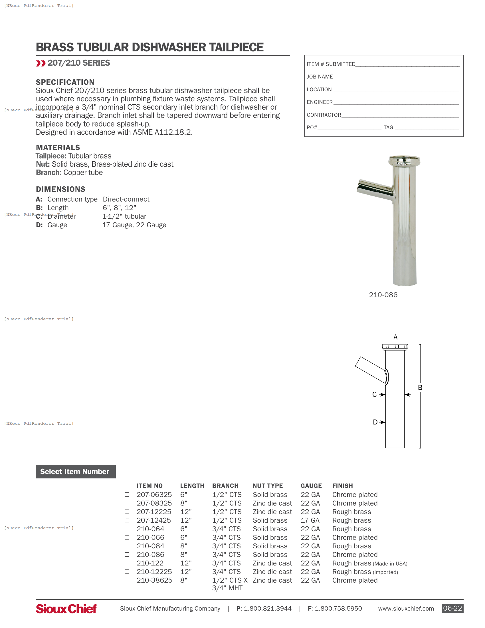 207, 210 SERIES - BRASS DIRECT-CONNECT DISHWASHER TAILPIECE - SPEC SHEET.PDF Specification Document
